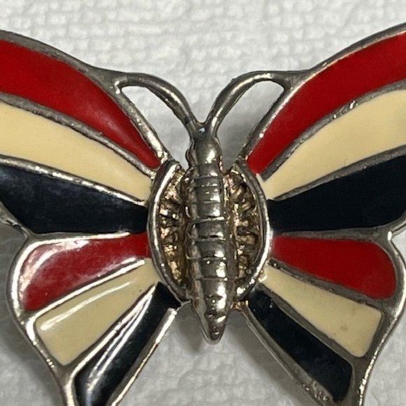 VTG Patriotic Red White Blue Enamel Butterfly Brooch Hat Scarf Pin 1.75"x1.25" - Picture 5 of 13